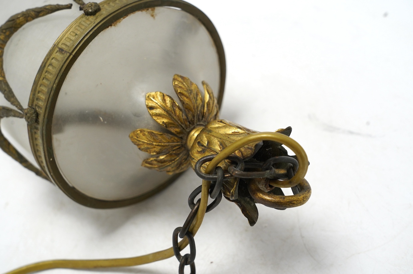 A late 19th/early 20th century ormolu mounts frosted glass hall lamp, 33cm. Condition - fair, not tested